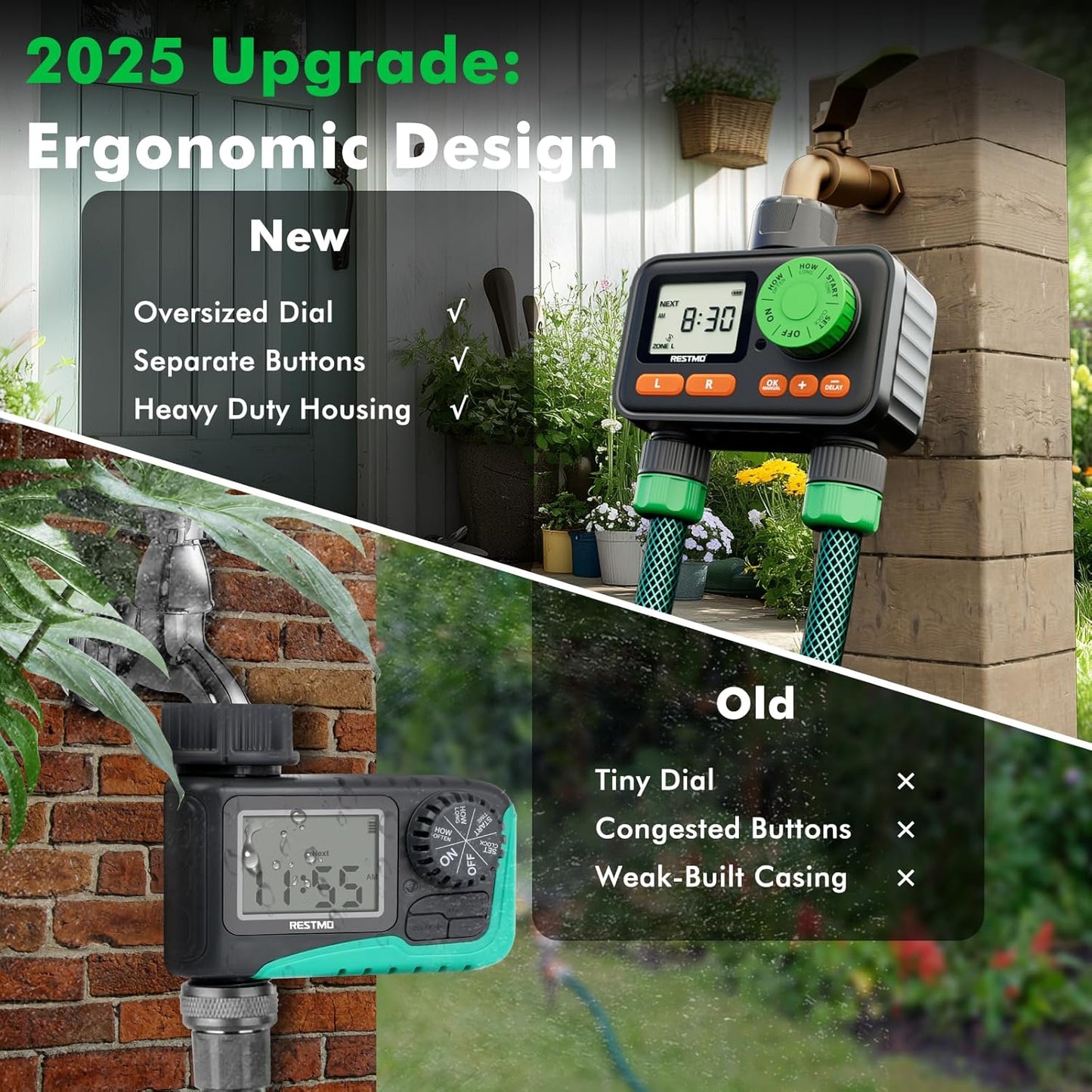 [2 Pack] RESTMO 2 Zone Sprinkler Timer, Programmable Water Timer for Garden Hose, Automatic Digital Control | Manual ON/Off | Rain Delay for Outdoor Faucet, Drip Irrigation and Lawn Watering System
