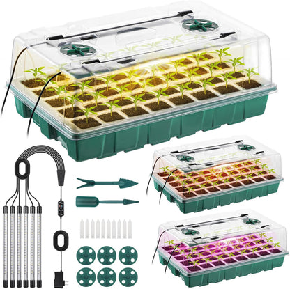 3 Pack Seed Starter Tray with Grow Light, 120 Cells Seeding Starter Kits, Germination Kit, Green House Germination Trays with Smart Timer, Humidity Dome, Garden Tools Labels