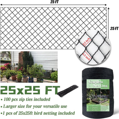 Bird Netting，25 x 25 FT Garden Netting Bird Net for Chicken Coop, Poultry Netting Fence for Fruit Trees, Plants and Vegetables Against Birds, Deer, Squirrels and Other Animals