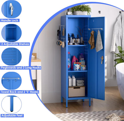 METAN Metal Storage Lockers with Handle Lock and 2 Adjustable Shelves,Office Storage Locker with Pegboards and Hooks,Assembly Required,Blue