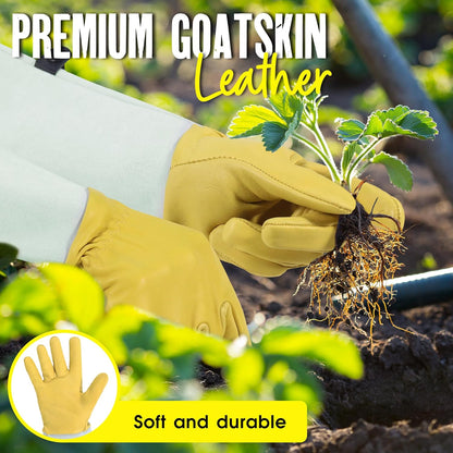 HANDLANDY Rose Gloves for Men & Women, Long Leather Gardening Gloves Thorn Proof, Best Garden Gifts & Tools for Gardener (Yellow-beige, Small (Pack of 1))