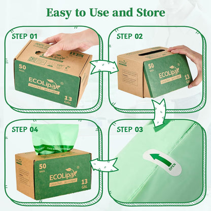 ECOLipak 13 Gallon Compostable Trash Garbage Bags, 50 Count (1 Roll) Biodegradable Heavy Duty Bathroom Kitchen Trash Bags for Home/Office, US BPI ASTM D6400 and OK Compost Home Certified