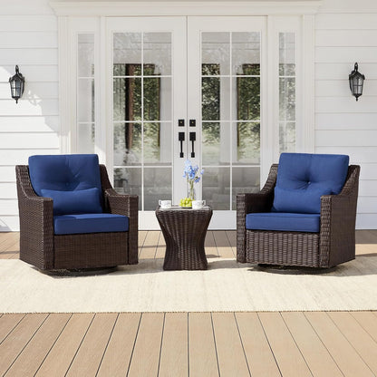 CHITA 3 Pieces Wicker Patio Bistro Set, Outdoor Furniture Set with 2 Pieces Rattan Rocking Swivel Chairs, Thickened Cushions and Side Table