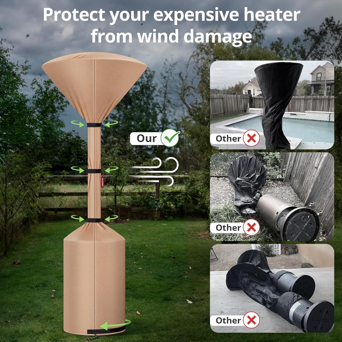 QH.HOME Winter Patio Heater Covers, [2025 Upgraded Tear-Resistant Fabric] Waterproof with Robust Zipper ,Height fit 87"-92",Dustproof/Wind/Sunlight/Snow-Resistant, 2 Pack-Camel
