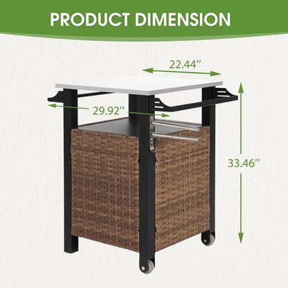 HOMEFUN Kitchen Island Cart Wicker Grill Prep Station & Stainless Steel Outdoor Serving Bar Table with Hooks Wheels Poolside Patio Grassland (Small)