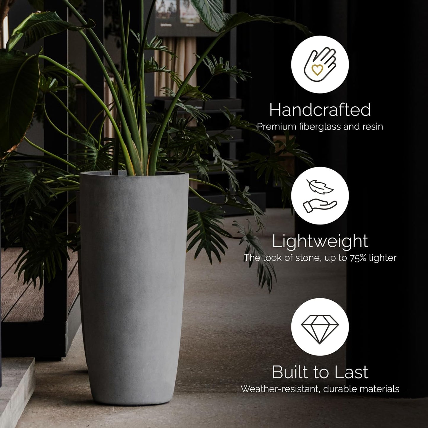 Lofto Tall Planter – Concrete Stone Finish – Fiberglass Indoor/Outdoor and Weather-Resistant Large Planter (16.5" D x 36.4" H Exterior, 15.3" D x 36.2" H Interior)