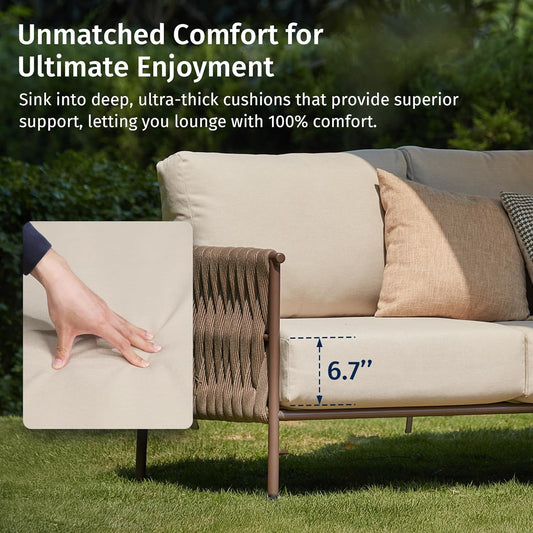 EAST OAK Life Chatter Outdoor Patio Furniture | Outdoor Sofa 3 Seats with Waterproof Thick Cushions | Deep Seating Modern Patio Sofa for Garden, Porch, Balcony & Backyard | Chestnut & Apricot