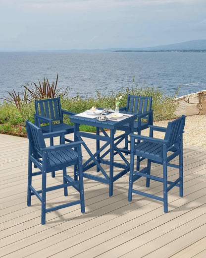 5 Pieces Adirondack Bar Chairs Set, HDPE Patio Bar Height Table and Chairs, Tall Adirondack Outdoor Bar Stools Set, HDPE Patio Bar Table Sets Furniture for Poolside, Balcony, Garden, Navy