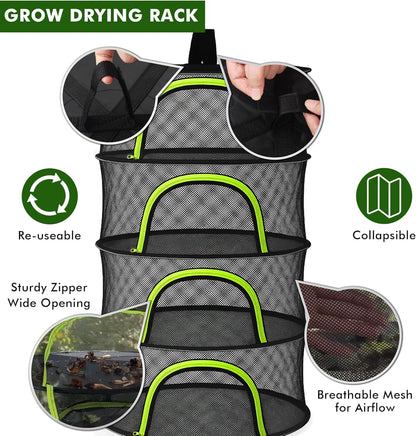 Herb Drying Rack Hanging Mesh 4 Layer 24" with Zipper, Garden Pruning Shear, Hook & Carabiner Clip for Drying Herbs, Plants, Seeds, Buds | Hydroponics & Grow Tents Herb Dryer Hanging Rack