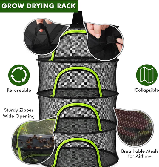 Herb Drying Rack Hanging Mesh 4 Layer 24" with Zipper, Garden Pruning Shear, Hook & Carabiner Clip for Drying Herbs, Plants, Seeds, Buds | Hydroponics & Grow Tents Herb Dryer Hanging Rack
