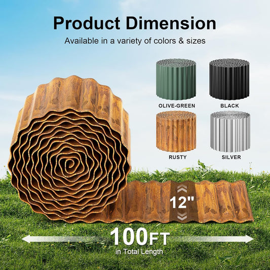 Land Guard Corrugated Garden Edging Border, 12" × 100' Landscape Paver Edging, Tall Landscape Edging, Fence for Garden, Flower Bed, Lawn and Landscape Edging (Rusty)