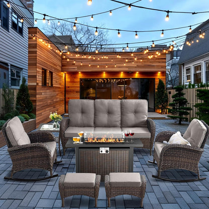 HUMMUH 7-Piece Outdoor Patio Furniture with Fire Pit Set,Wicker Patio Sofa Set Outdoor Rocking Chairs with Ottomans for Backyard,Poolside,Deck
