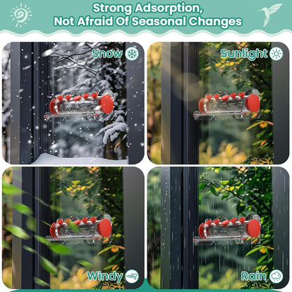 Window Hummingbird Feeder 10oz,4 Feeding Ports with Leak-Proof Design & Ultra Strong Suction Cups,Durable Plastic Bird Feeder Easy to Clean Refill, Outdoor/Indoor Use (Red Flower Top)