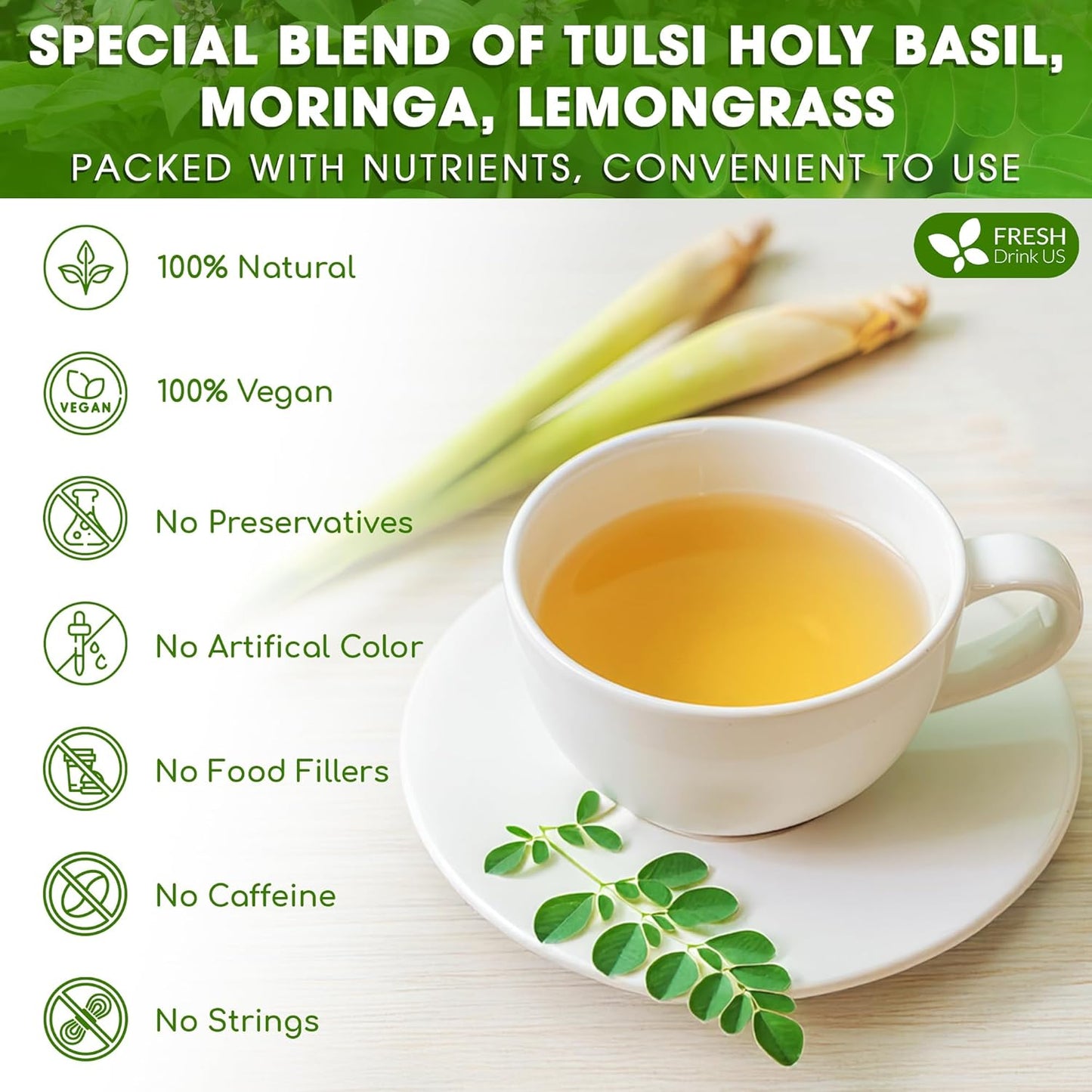 FreshDrinkUS, Premium 135 Tea Bags Tulsi Moringa Lemongrass, 100% Natural & Pure from Tulsi Holy Basil Leaves, Moringa & Lemongrass. Made with Natural Material Tea Bags. No Sugar, No Caffeine, Vegan.