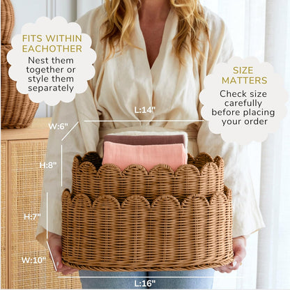 BEBE BASK Premium Scalloped Basket Set Of 2 - Scallop Basket - 16 x 10 x 7 Inch - Hand-Woven Elegant Wicker With Scalloped Edge - Nursery Storage (Mocca)
