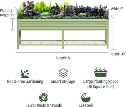 Elevated Raised Garden Bed-V Series, 2' x 8' Garden Beds with Legs & Storage Rack for Patio Porch, 1400 Lbs Weight Capacity, Outdoor Planter Boxes for Gardening Herbs Vegetables Flowers, Modern Gray