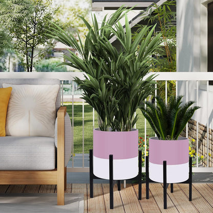 Planter with Stand Set of 2, Modern Plant Pots with Metal Legs Indoor,Flower Pots with Drainage Holes Matching Decorative Garden Pot for Living Room, Office, Garden, or Balcony 10 & 12 Inches