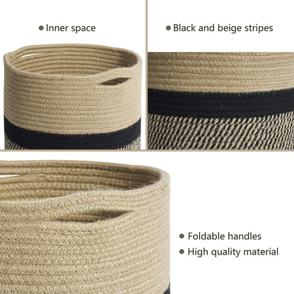 TIMEYARD Sturdy Jute Rope Plant Basket Modern Woven Basket for 11" Flower Pot Floor Indoor Planters, 12'' x 12'' Storage Organizer Baskets Rustic Home Decor, Black and Beige Stripes