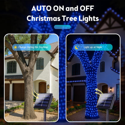 SANJICHA Blue Solar String Lights, Extra-Long 2 Pack 144FT 400LED Super Bright Solar Fairy Lights Outdoor, Waterproof Copper Wire 8 Modes for Garden Tree Party Wedding Decorations