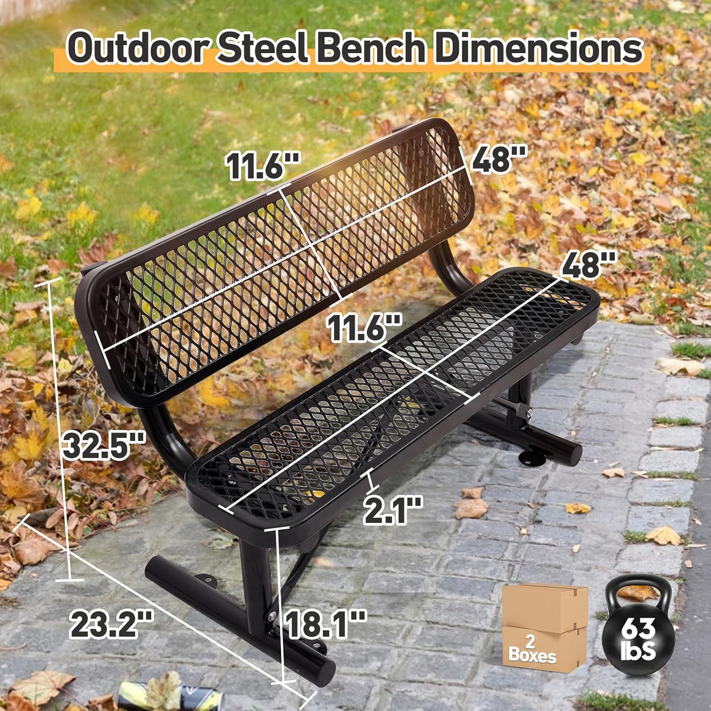 Outdoor Garden Bench, Cast Iron Metal Frame Patio Park Bench with Backrest, Portable Expanded Metal Black Bench, Commercial-Grade Outdoor Seating for Lawn, Patio, Park, Yard, Garden (Black, 4FT/48'')