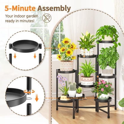LASZOLA 8 Tiered Folding Plant Stand Indoor for Multiple Large Planter, Tall Heavy Duty Adjustable Rack with Rust Proof 10 Inch Wide Tray, Sturdy Vertical Tree Organizer for Narrow Inside Floor, Black