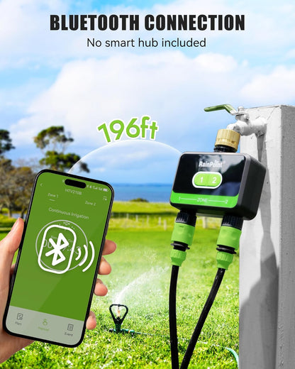 RAINPOINT Bluetooth Water Timer for Garden Hose, Smart Hose Timer 2 Outlet(Not Hub), Wireless Sprinkler Watering Timer with Rain Delay, Automatic Irrigation System for Lawns and Yard