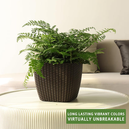 Dexceder 11x10 Self Watering Planter Indoor Outdoor, Inner Mat Design, Thickened Table Flower Plant Pot with Water Level Indicator (Brown Rattan)