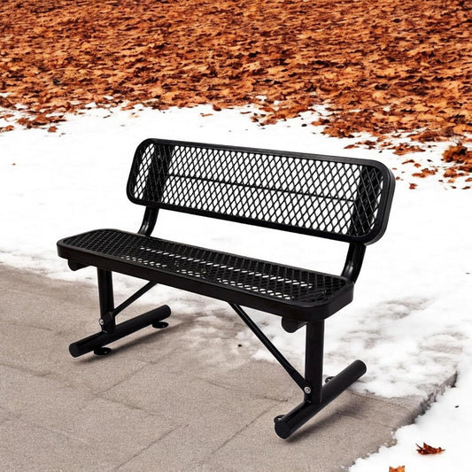 4 FT Heavy Duty Metal Park Bench with Back for Outside, Outdoor Black Bench with Backrest & Portable Frame, 1-3 Person Seat-Commercial Benches Garden Benches for Outdoors