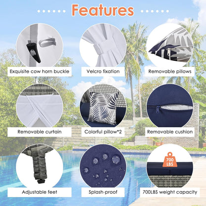 kevinplus Outdoor Patio Sunbed Daybed with Tent for Garden Backyard Pool, Adjustable Feet & Weather-Resistant Rattan Material, Gray and Blue