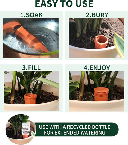 Large Terracotta Watering Spikes with Lids, Automatic Plant Waterer Outdoor | Indoor, Vacation Friendly Clay Plant Watering Devices System, Slow Release Self Watering Planter Insert, 6 Pack