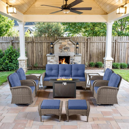 Expansive 10 Pieces Outdoor Patio Furniture Set with 43” Propane Fire Pit Table, Patio Conversation Set with Swivel Rocker Outdoor Chairs Set of 4 and Sofa, Ottoman and Wicker Side Table