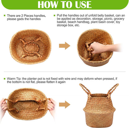 Qunclay Woven Seagrass Baskets Belly Basket Folding Boho Natural Plant Pot with Handles Round Decorative Wicker Large Indoor Planter for Home Outdoor Tree Planters Decor(12 x 11 Inch, 8 Pcs)