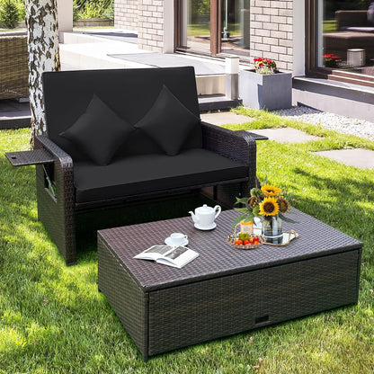 Tangkula Patio Rattan Daybed Set, Wicker Loveseat Sofa w/Multipurpose Ottoman & Retractable Side Tray, 4-Level Adjustable Backrest, Footstool w/Storage, Seat & Back Cushion Included (Black)