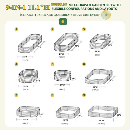 MUPATER 8x2x1 ft Raised Garden Bed Outdoor for Vegetables, 9-in-1 Galvanized Metal Planter Box, 11.1'' H Modular Garden Bed Kit Oval for Herbs and Flowers, Pearl White