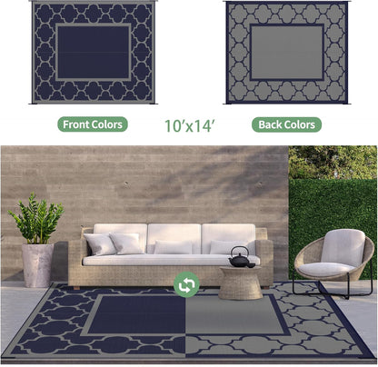 GENIMO 10 ' x 14 ' Outdoor Rug Waterproof for Patio Decor, Foldable Reversible Plastic Straw Area Rugs Mat for Camper, Outside Carpet for Rv, Deck, Porch, Picnic, Beach, Balcony, Blue & Grey
