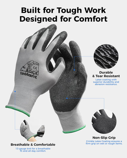 toolant Crinkle Latex Work Gloves Bulk, Rubber Coated Safety Work Gloves for Men and Women, 12 Pairs for Construction, Gardening, Warehouse (Black, Medium)
