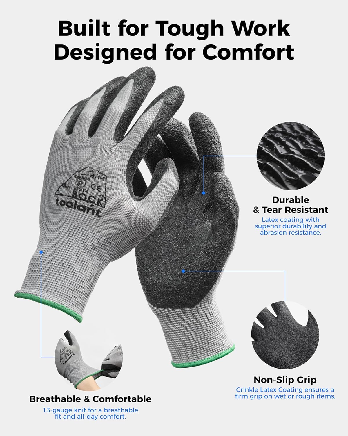 toolant Crinkle Latex Work Gloves Bulk, Rubber Coated Safety Work Gloves for Men and Women, 12 Pairs for Construction, Gardening, Warehouse (Black, Large)
