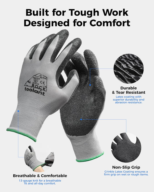 toolant Crinkle Latex Work Gloves Bulk, Rubber Coated Safety Work Gloves for Men and Women, 12 Pairs for Construction, Gardening, Warehouse (Gray, Medium)