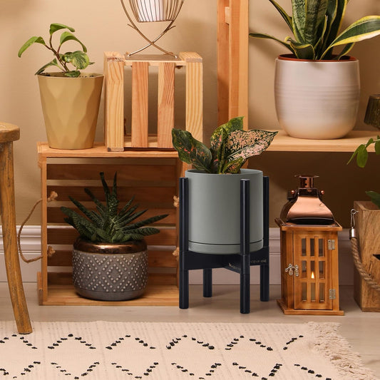 D'vine Dev Ceramic Planter with Ebony Stand - 8 Inch Modern Round Flower Pot with Wood Planter Holder, Grey, 55-B-M-3