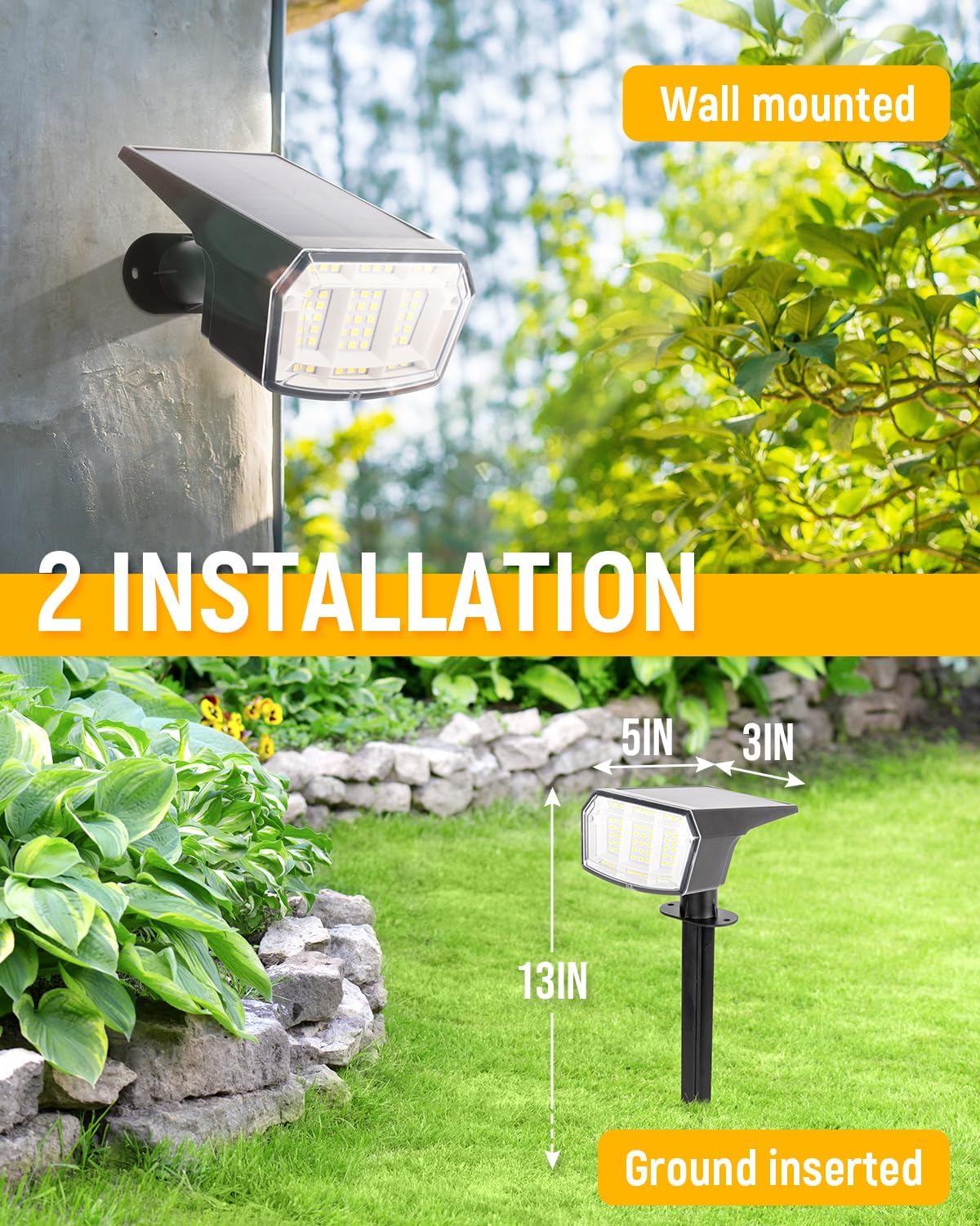 Solar Spot Lights Outdoor Waterproof Landscape Spotlights 63 LEDs 3 Lighting Modes IP65 Solar Spot Lights for Outside, Backyard, Garden, House, Garge-1 Pack Warm White