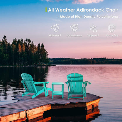 GREENVINES Folding-Adirondack-Chairs-Set-of-2 | HDPE Plastic | Fire Pit Chair | All Weather | Cup Holder | Aqua | for Deck Backyard Patio Outdoor Garden