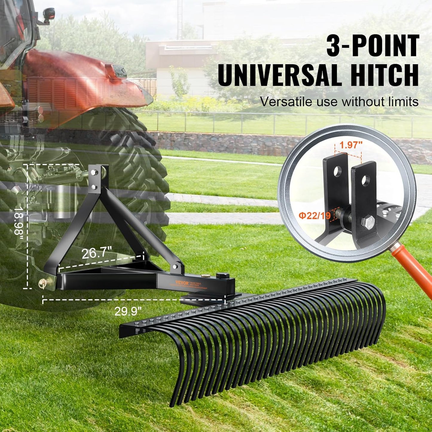 VEVOR Tow Behind Dethatcher, 72-inch Tow Dethatcher with 36 Steel Tines, 3-Point Lawn Dethatcher Rake with Attachments for Tractor, Landscape Rake for Garden, Farm, Grass