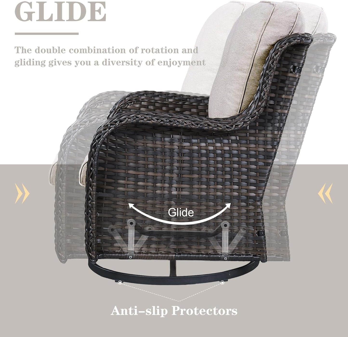 Outdoor Patio Furniture Set with 50000BTU Propane Fire Pit Table, 7 Pieces Wicker Patio Conversation Set with 2 Swivel Glider Rocker Chair Rattan Sofa Beige Cushion Perfect for Casual Gathering
