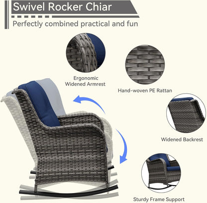 Outdoor Rocking Chair of 2, Wicker Patio Rocker Chair for Yard, Porch, Mixed Brown Grey Rattan, Blue Cushions
