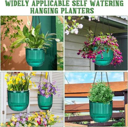 Maxcheck 4 Pcs Self Watering Hanging Planters Indoor Gift 6.5'' 4.5'' Hanging Flower Pots Baskets Outdoor Self Watering Plant with 3hooks Drainage Holes for Home(Emerald)