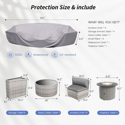Patio Sectional Furniture Outdoor 12-Piece Grey Rattan Curved Sofa Set with Fire Pit Table,Storage Table,Pillows,Fit for Pool Backyard Balcony Porch Lawn (Grey)