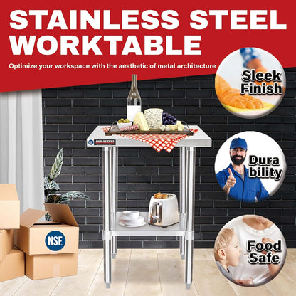 DuraSteel 24x24 Stainless Steel Prep Table - NSF Commercial Outdoor Grill Worktable - Metal Side Mixer Stand with Under Shelf - For Laundry Room, Kitchen, Small Spaces