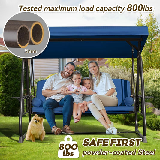 3 in 1 Outdoor Porch Swing with Adjustable Canopy, 3 Seat Outdoor Swing for Adults, Patio Swing Chair with Thickened Cushions,Pillows & Cup Holders for Backyard, Porch, Garden (Blue)