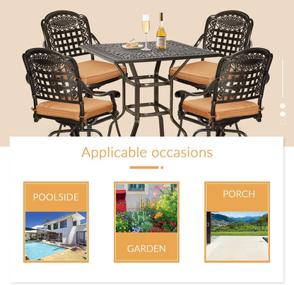 5 Pieces Patio Swivel Bar Set, Patio Bar Table and Chairs Set, All-Weather Cast Aluminum Outdoor Swivel Bar Stools of 4 and 35.4" Square Bar Table, High Top Bistro Set for Deck, Pool, Garden