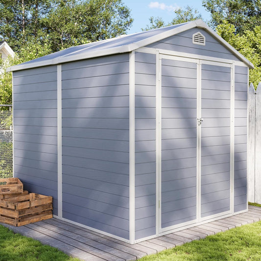 Aoxun 8 X 6.2 FT Resin Storage Shed Outdoor Plastic Large Garden Shed with Lockable Door, Floor for Backyard, Garden, Patio, Lawn, Grey (Grey, 8' x 6.2')
